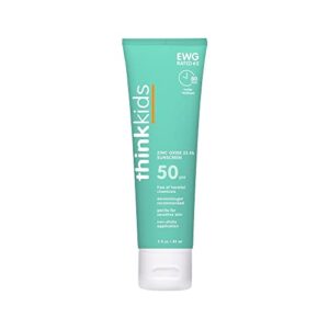 thinkkids safe mineral sunscreen spf 50+, 3 fl oz, natural, water resistant reef safe sunscreen for children, broad spectrum uva/uvb sun screen