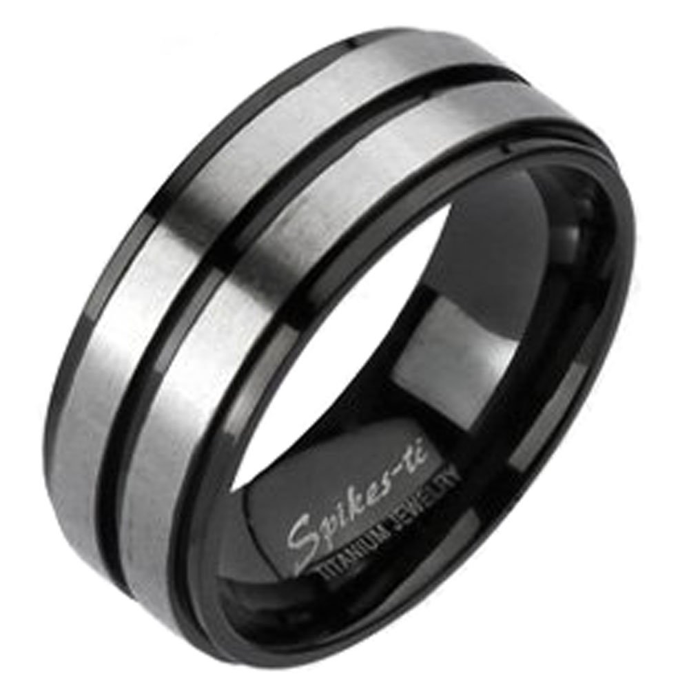 TIR-0037 Solid Titanium Brushed Double Stripe Center Higly Polished Edge Band Ring; 8mm Width; Comes with Free Gift Box (10)