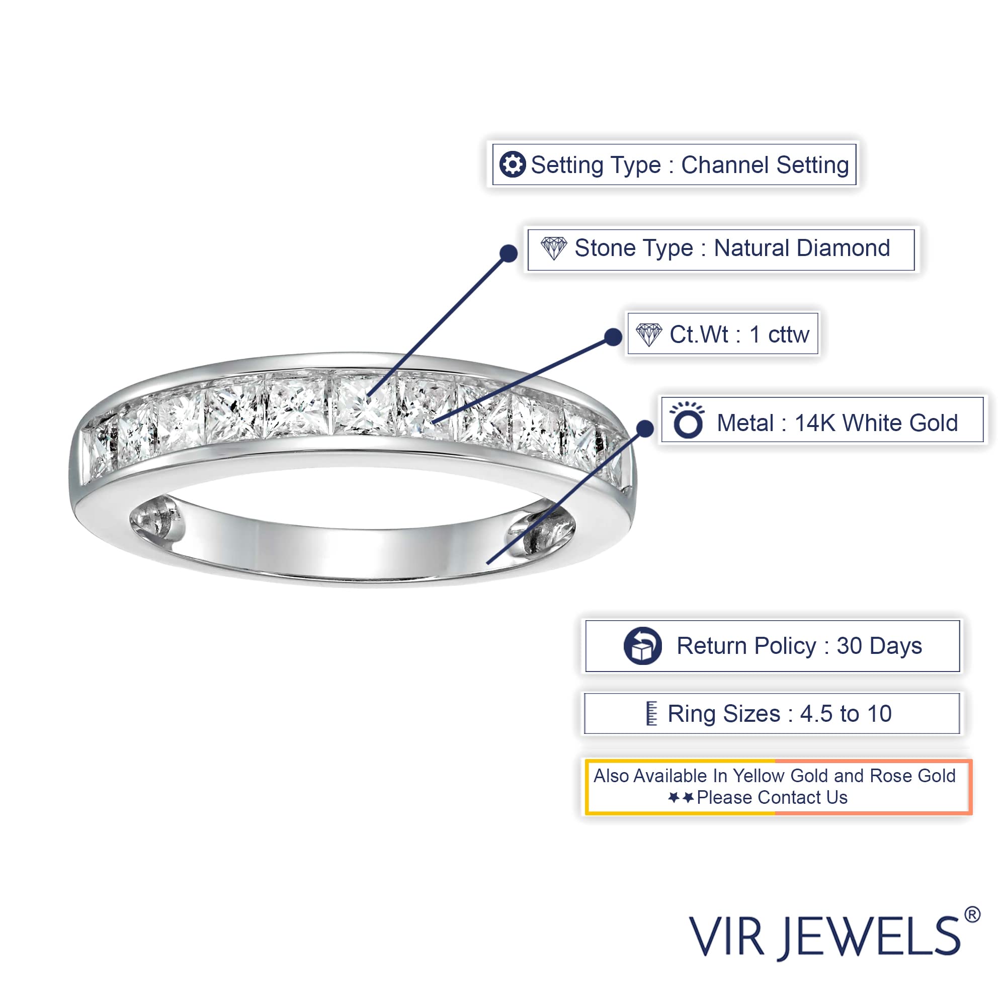 VIR JEWELS 1 carat (ctw) Diamond Wedding Anniversary Band for Women, Half Eternity Princess Cut Diamond Engagement Ring 14K White Gold Channel Set 1 cttw, Size 5