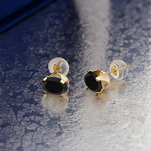 Gem Stone King 14K Yellow Gold Black Onyx Earrings | 1.60 Cttw | Gemstone Birthstone | Oval 7X5MM Stud Earrings | Gold Earrings for Women