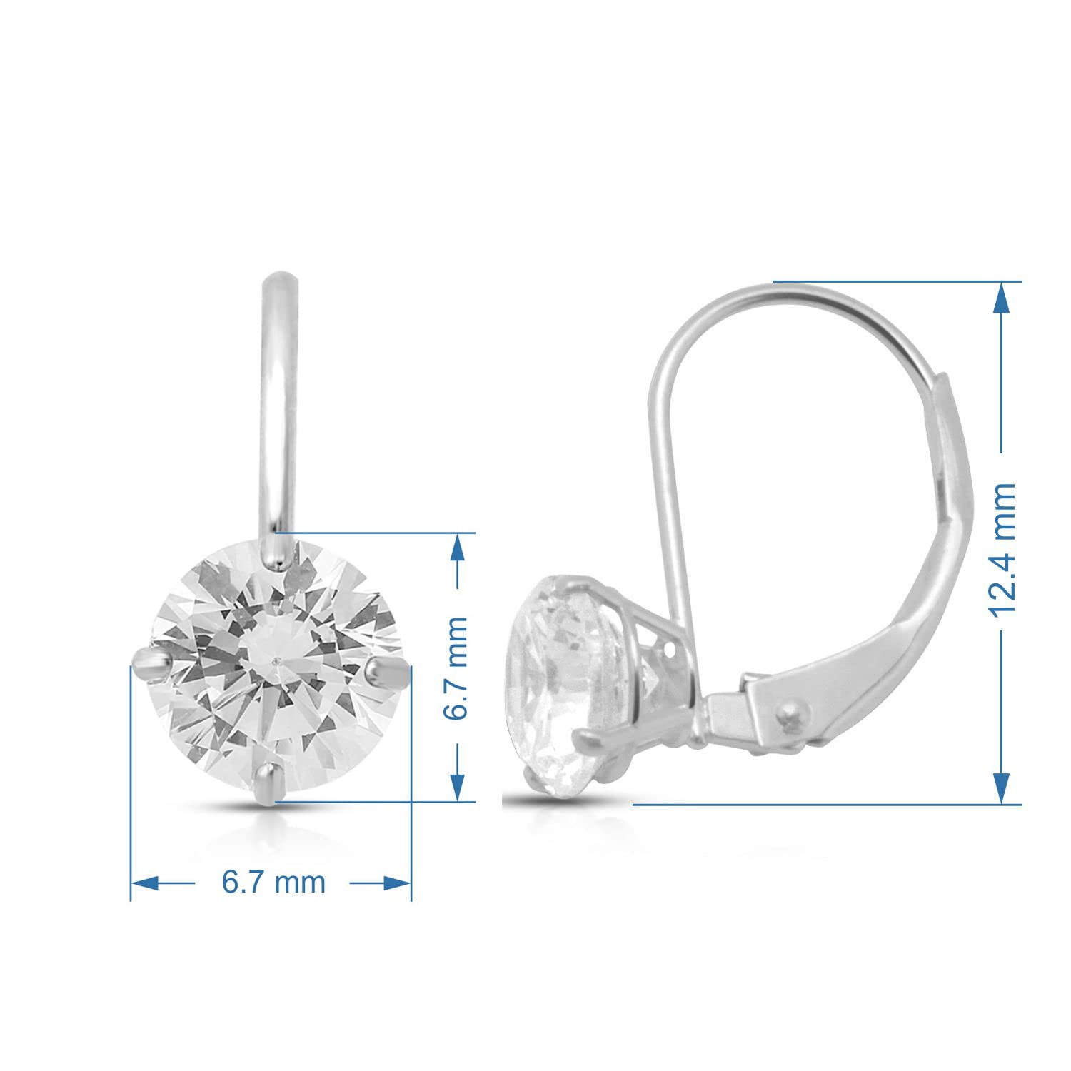 Jewelili 10K White Gold 7 MM Round White Cubic Zirconia Lever Back Earrings