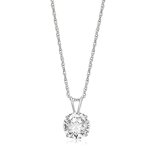 Jewelili 10K White Gold Solitaire Pendant Necklace Set with Round Cut Cubic Zirconia, 18" Rope Chain