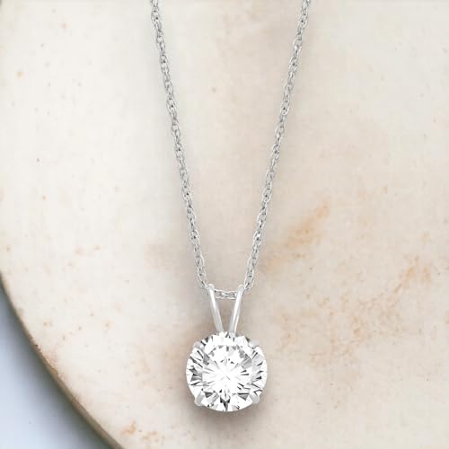 Jewelili 10K White Gold Solitaire Pendant Necklace Set with Round Cut Cubic Zirconia, 18" Rope Chain