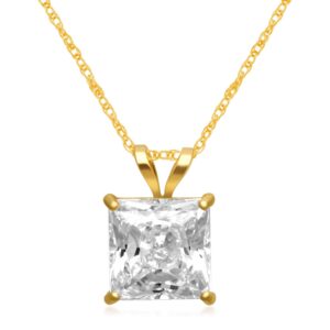 Jewelili 10k Yellow Gold 7mm Princess Cut Cubic Zirconia Solitaire Pendant Necklace, 18" Rope Chain