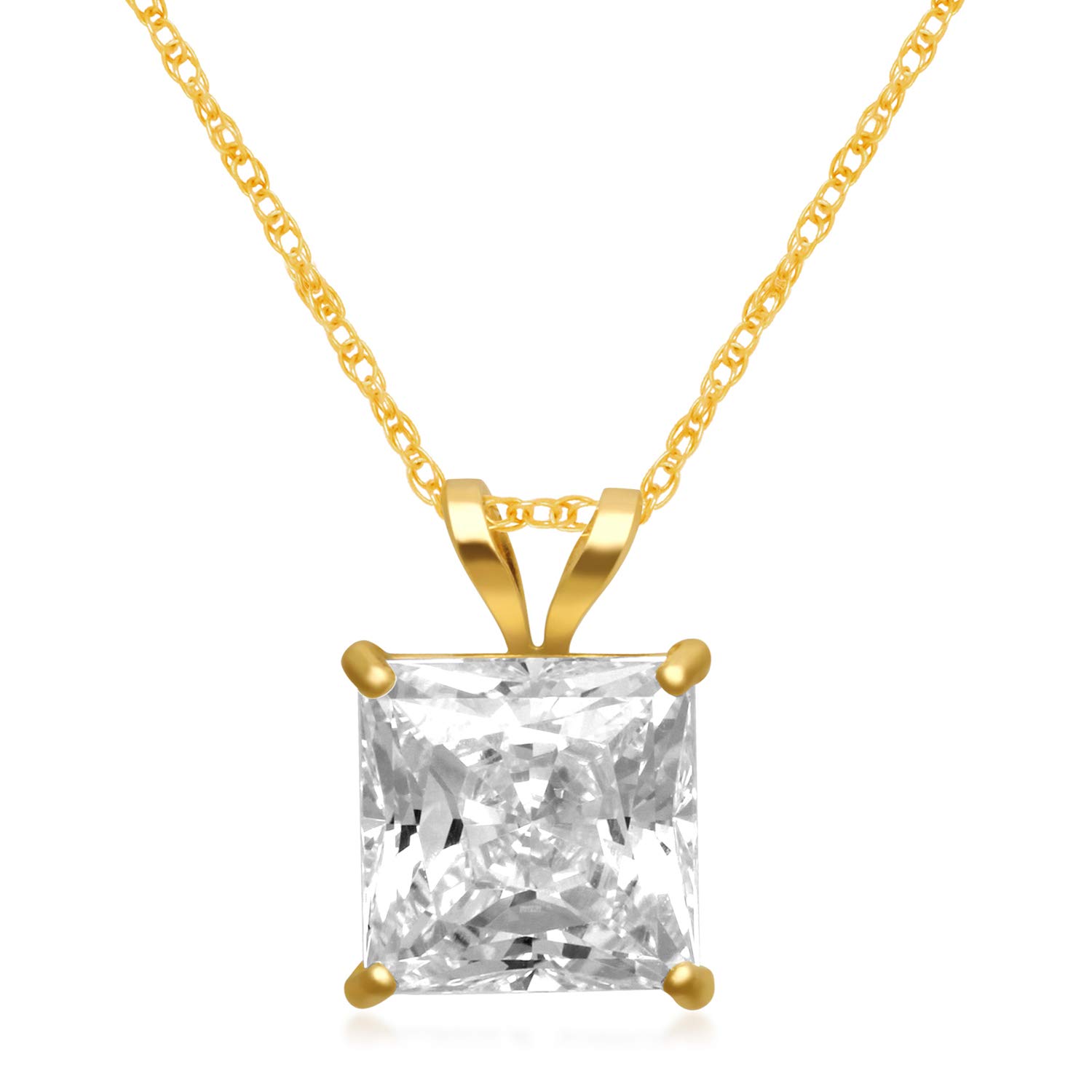 Jewelili 10k Yellow Gold 7mm Princess Cut Cubic Zirconia Solitaire Pendant Necklace, 18" Rope Chain