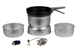 trangia - 25-3 ultralight camping cookset | includes: gas stove, 2 pots, 1 frypan, upper & lower windshields, pot gripper, & strap