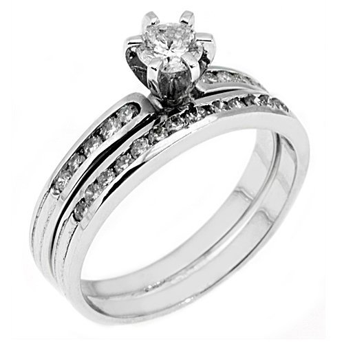 TheJewelryMaster 14k White Gold .75 Carats Round Diamond Engagement Ring Wedding Band Bridal Set