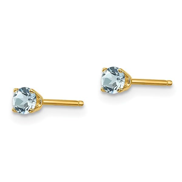 14K Yellow Gold 3mm Blue Aquamarine Studs Gemstone Earrings March Birthstone Jewelry