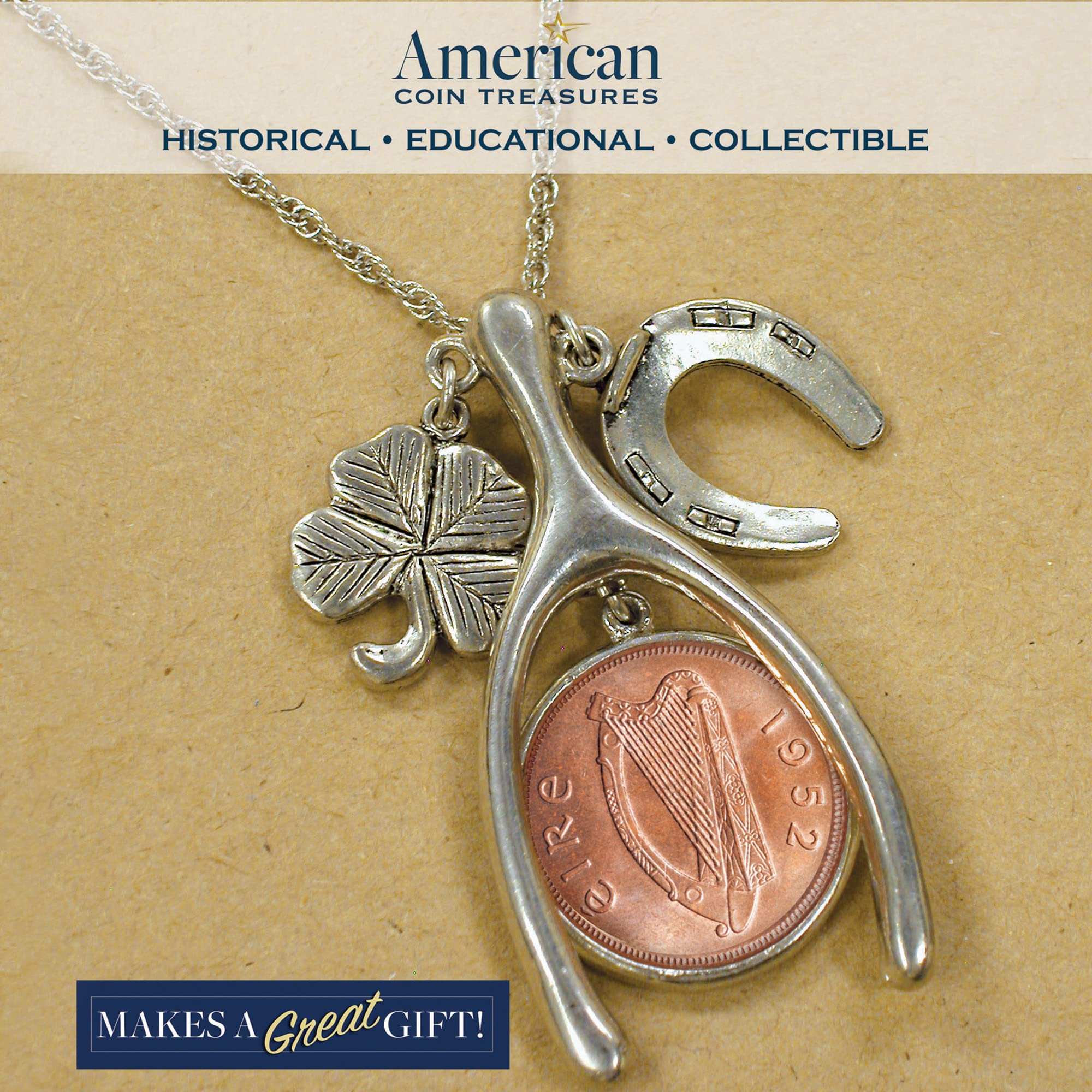 American Coin Treasures Lucky Irish Penny Silvertone Wish Bone Pendant Necklace