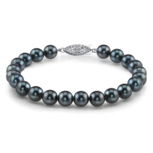 The Pearl Source Sterling Silver 5-5.5mm Round Black Japanese Akoya Saltwater Cultured Pearl Bracelet for Women