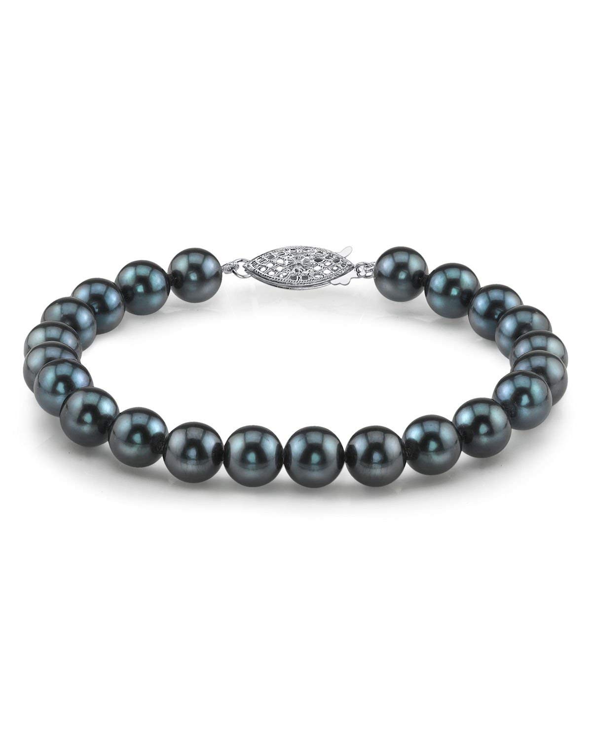 The Pearl Source Sterling Silver 5-5.5mm Round Black Japanese Akoya Saltwater Cultured Pearl Bracelet for Women