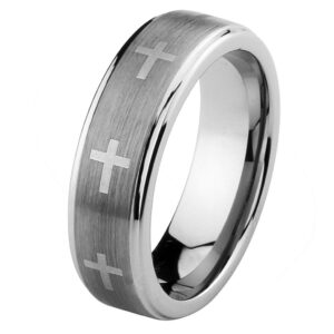 goldenmine 7mm brushed cross tungsten comfort-fit wedding band ring (size 5 to 15) - size 10