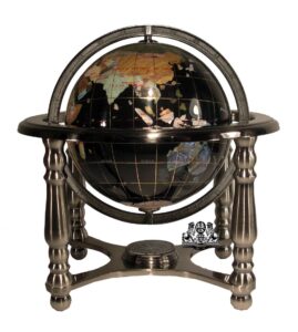 unique art 10-inch tall black onyx ocean gemstone world globe with 4 leg silver stand