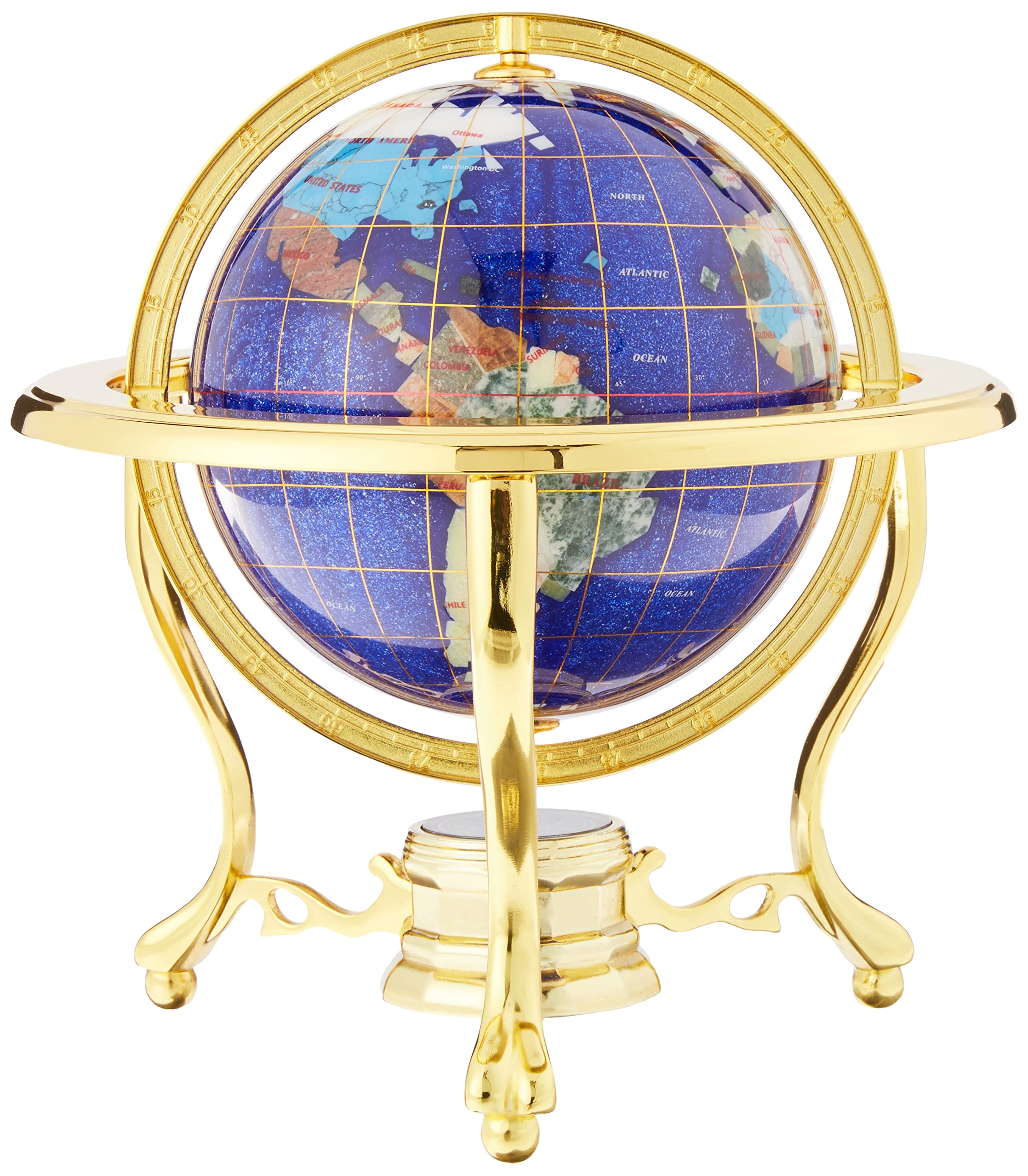 Unique Art 10-Inch Tall Table Top Blue Crystallite Ocean Gemstone World Globe with Gold Tripod Stand