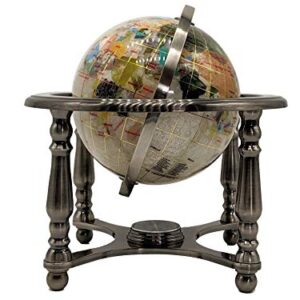 Unique Art 10-Inch Tall Pearl Swirl Ocean Gemstone World Globe with 4 Leg Silver Stand,white