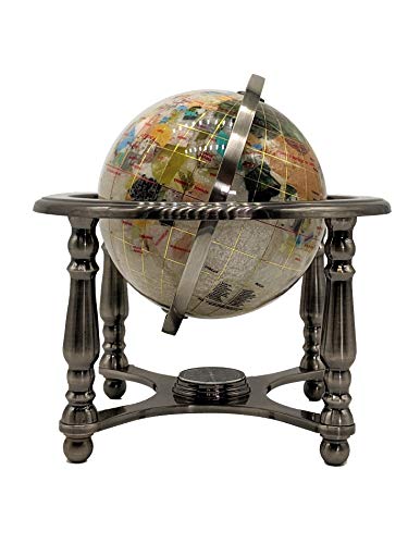 Unique Art 10-Inch Tall Pearl Swirl Ocean Gemstone World Globe with 4 Leg Silver Stand,white