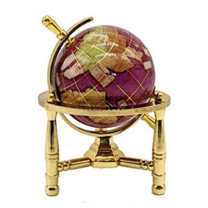 Unique Art 6-Inch Tall Pink Rubilite Pearl Swirl Ocean Mini Table Top Gemstone World Globe with Gold Tripod