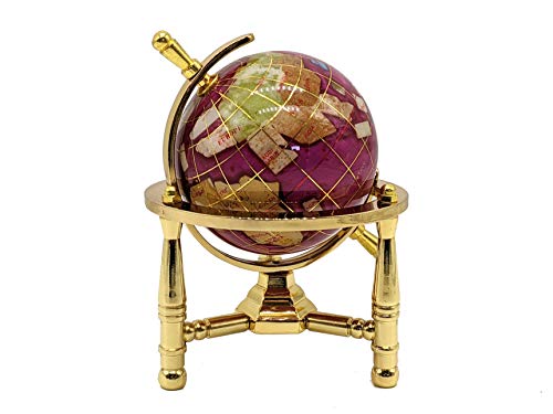 Unique Art 6-Inch Tall Pink Rubilite Pearl Swirl Ocean Mini Table Top Gemstone World Globe with Gold Tripod