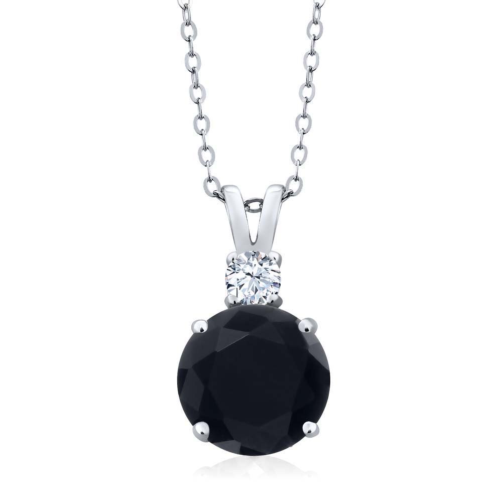 Gem Stone King 3.14 Cttw Black Onyx and White Topaz Pendant Necklace For Women In 925 Sterling Silver | Gemstone December Birthstone | Round 10MM | With 18 Inch Chain