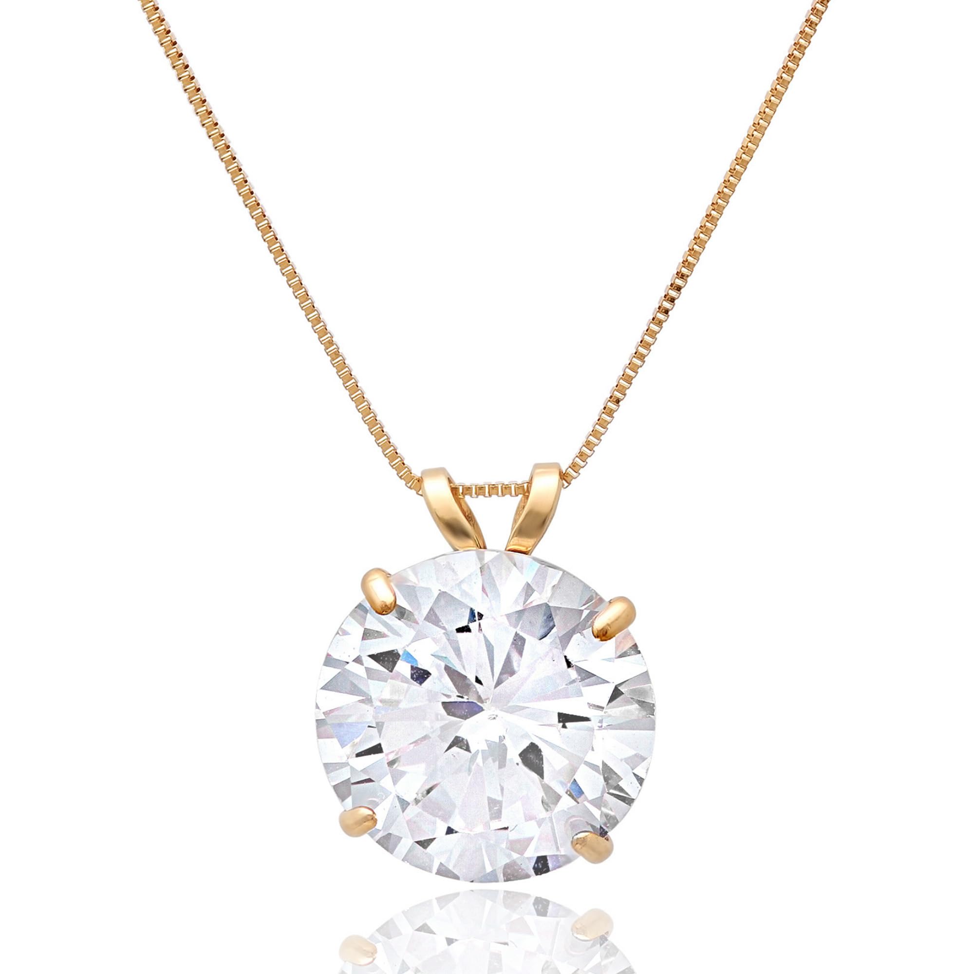 MAX + STONE 14k Yellow Gold 10mm Round Solitaire Cubic Zirconia Pendant Necklace for Women with 18 Inch Box Chain