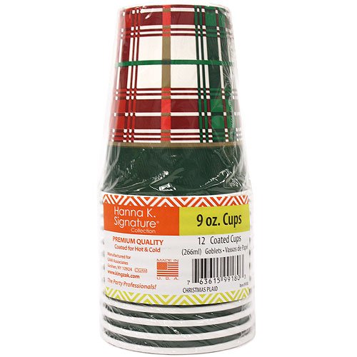 Hannah K. Signature Collection Hot/Cold Party Paper Cup-9oz | Christmas Plaid | Pack of 12 Cup, 9 oz. Cup/12 ct, Green, Red, Gold