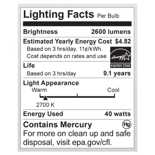 Satco S7334 40 Watt (150 Watt) 2600 Lumens Hi-Pro Spiral CFL Soft White 2700K Medium Base 120 Volt Light Bulb, Energy Star