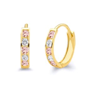 14k Yellow Gold 2mm Thickness Multi Color CZ Channel Set Hoop Huggie Earrings (10 x 10 mm)