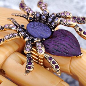 Alilang Stretchy Golden Tone Purple Rhinestones Heart Spider Tarantula Ring