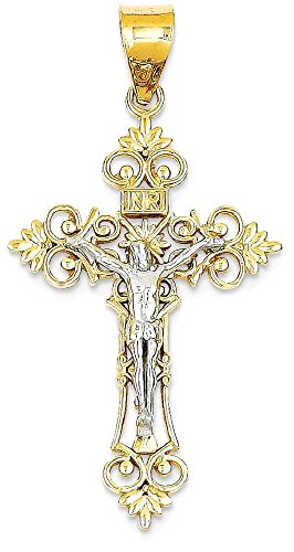 IceCarats 14K Two Tone Gold Large Lacy Edge Inri Lord Jesus Christ Crucifix Holy Cross Necklace Religious Pendant Charm 43mm x 22mm Only