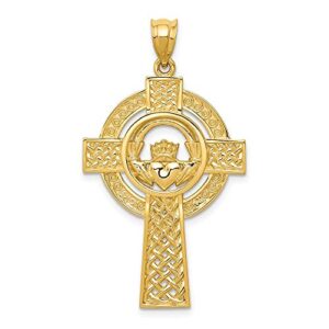 IceCarats 14K Yellow Gold Celtic Heart Love Irish Claddagh Holy Cross Necklace Religious Pendant Jesus Christ Charm Jewelry 40mm x 22mm Only