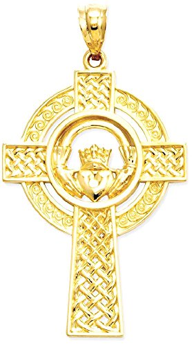 IceCarats 14K Yellow Gold Celtic Heart Love Irish Claddagh Holy Cross Necklace Religious Pendant Jesus Christ Charm Jewelry 40mm x 22mm Only