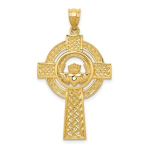 IceCarats 14K Yellow Gold Celtic Heart Love Irish Claddagh Holy Cross Necklace Religious Pendant Jesus Christ Charm Jewelry 40mm x 22mm Only