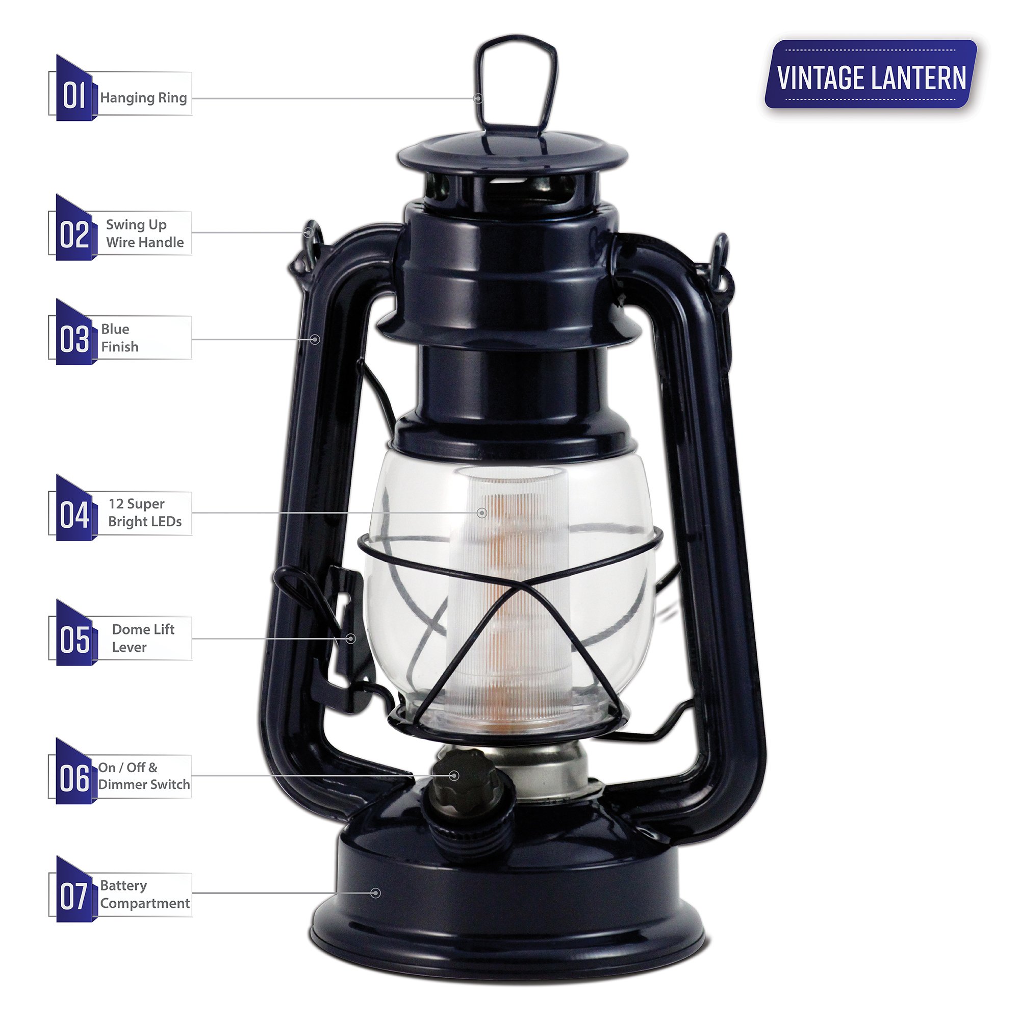 Northpoint 12-LED Lantern Vintage Style, Dark Blue, 10"x6"x6"