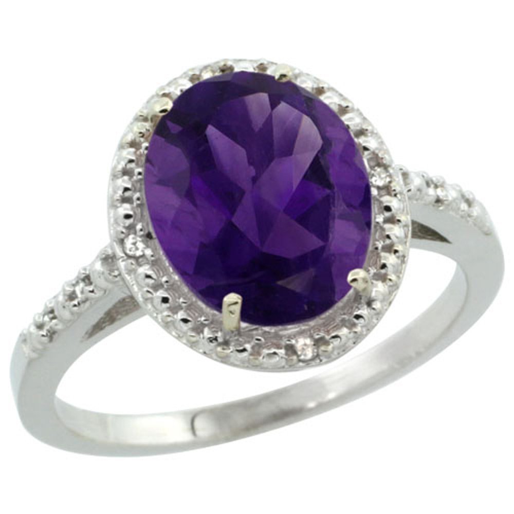 Sterling Silver Diamond Natural Amethyst Ring Oval 10x8mm, 1/2 inch wide, size 6