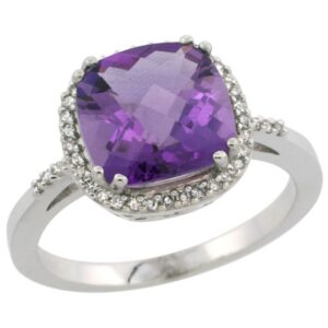 Sterling Silver Diamond Natural Amethyst Ring Cushion-cut 9x9mm, 1/2 inch wide, size 5