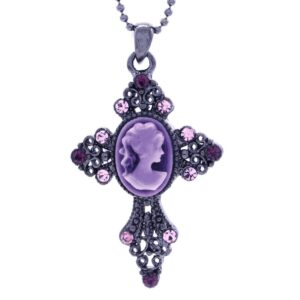 Soulbreezecollection Lavender Violet Purple Cameo Christian Cross Pendant Necklace Charm for Women