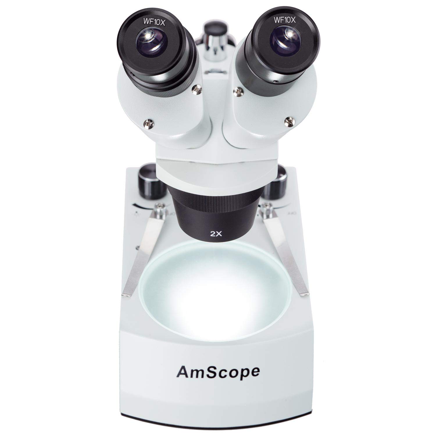 AmScope SE306R-AZ-E1 Digital Forward-Mounted Binocular Stereo Microscope, WF10x and WF20x Eyepieces, 20X/40X/80X Magnification, 2X and 4X Objectives, Upper and Lower Halogen Lighting, Reversible Black/White Stage Plate, Arm Stand, 120V, Includes 1.3MP Cam