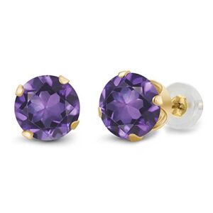 Gem Stone King 14K Yellow Gold Purple Amethyst 4-Prong Stud Earrings For Women (1.50 Cttw, Gemstone Birthstone, Round 6MM)