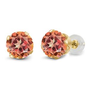 Gem Stone King 14K Yellow Gold Ecstasy Mystic Topaz 4-Prong Stud Earrings For Women (1.90 Cttw, Round Cut 6MM)