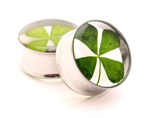 mystic metals body jewelry embedded real 4 leaf clover plugs - 5/8 inch - 16mm - sold as a pair