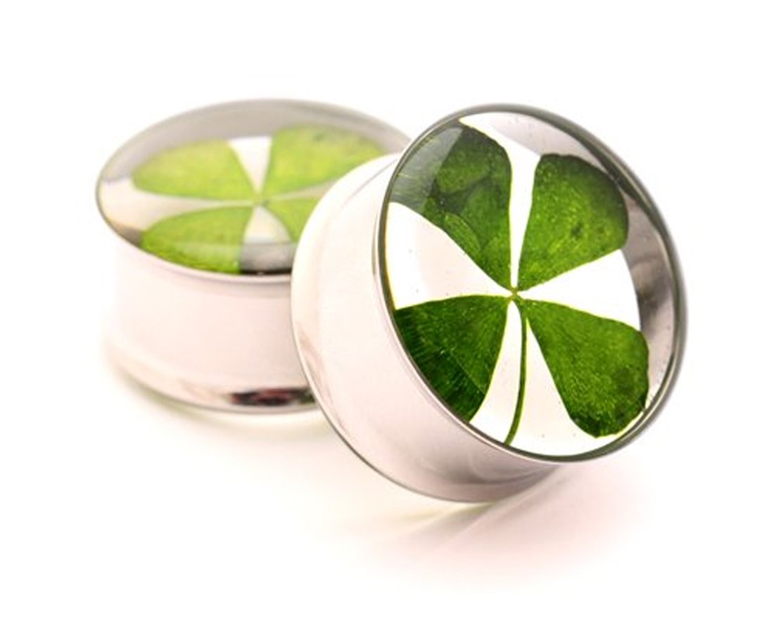 Mystic Metals Body Jewelry Embedded Real 4 Leaf Clover Plugs - 3/4 Inch - 19mm - Sold As a Pair