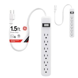 GE 6-Outlet Power Strip, 2 Pack, 1.5 Ft Extension Cord, Heavy Duty Plug, Grounded, Integrated Circuit Breaker, 3-Prong, Wall Mount, UL Listed, White, 14833