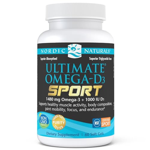 Nordic Naturals Ultimate Omega-D3 Sport, Lemon - 60 Soft Gels - 1480 mg Omega-3 + 1000 IU Vitamin D3 - NSF Certified - Supports Muscle, Bones, Focus & Endurance - 30 Servings