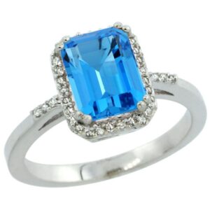 Sterling Silver Diamond Natural Swiss Blue Topaz Ring Emerald-cut 8x6mm, 1/2 inch wide, size 5.5