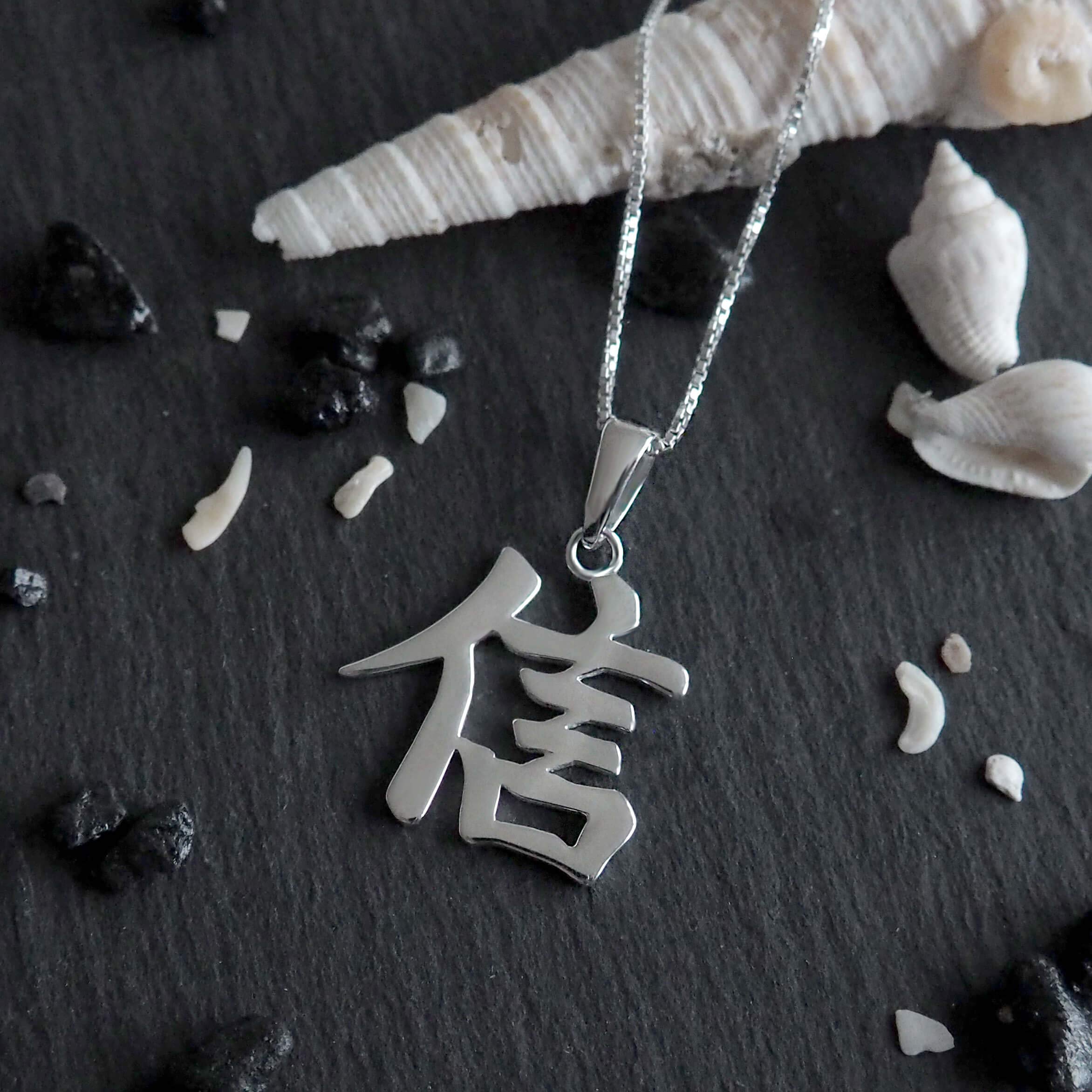 Sterling Silver BELIEVE FAITH Kanji Chinese Character Pendant Necklace, 18"