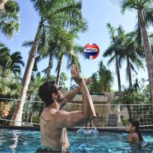 WaterVolly White Adjustable Premium Pool Volleyball Net, Includes Two 110lb Water-Filled Bases and Red White & Blue Volleyball