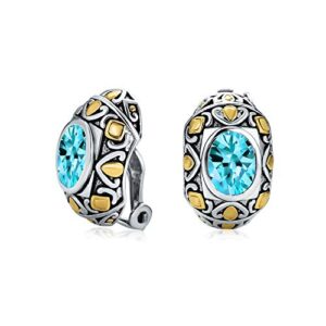 Tow Tone Bali Style Aqua Blue Oval Clip On Earrings For Women Simulated Aquamarine CZ Cubic Zirconia Rhodium Plated