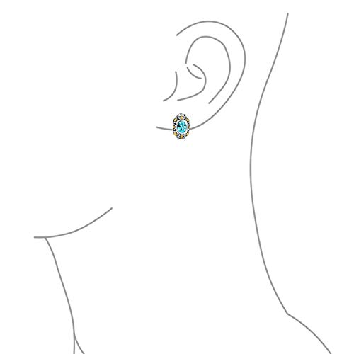 Tow Tone Bali Style Aqua Blue Oval Clip On Earrings For Women Simulated Aquamarine CZ Cubic Zirconia Rhodium Plated