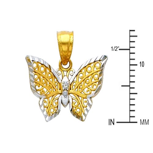 14k REAL Two Tone Gold Butterfly Pendant with 1.2mm Singapore Chain Necklace - 18"