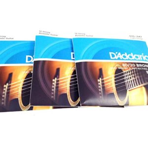 3-pack d'addario ej36 12-string bronze acoustic guitar strings, light, 10-47